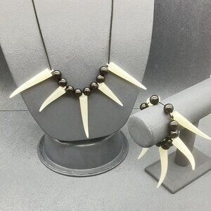 Halloween Tribal Warrior Necklace Bracelet Set Faux Claws Beads Black Cord White